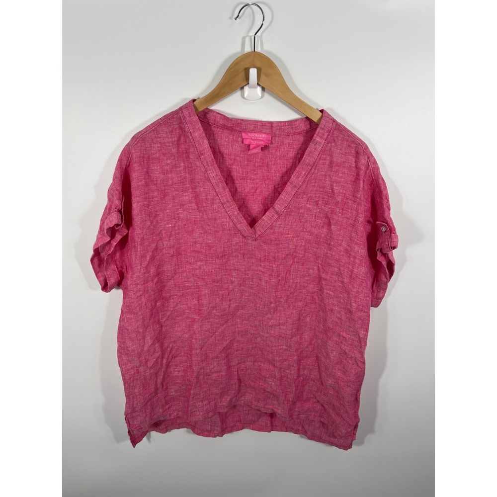 Womens 100% Linen Pop Over Top L Pink Resort Euro Summer‎ Vacation Lightweight
